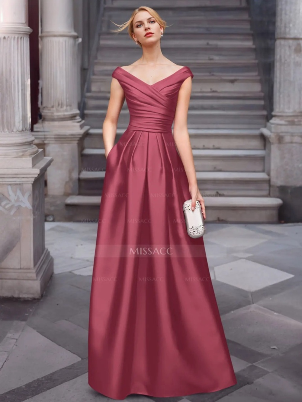 JJs House Burgundy Pleated V-Neck Maxi Dress